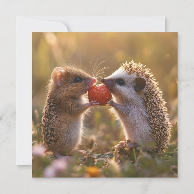 Sharing a Strawberry - Adorable Hedgehog and Mouse Holiday Card (Front)
