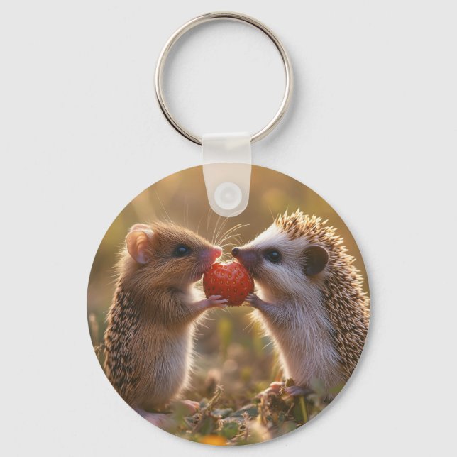 Sharing a Strawberry - Adorable Hedgehog and Mouse Key Ring (Front)