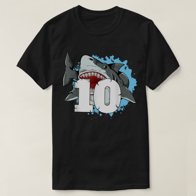 Shark 10th Birthday Boy 10 Ten Shark Theme Party  T-Shirt (Design Front)