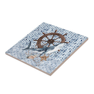 Shark and ship's steering wheel ceramic tile