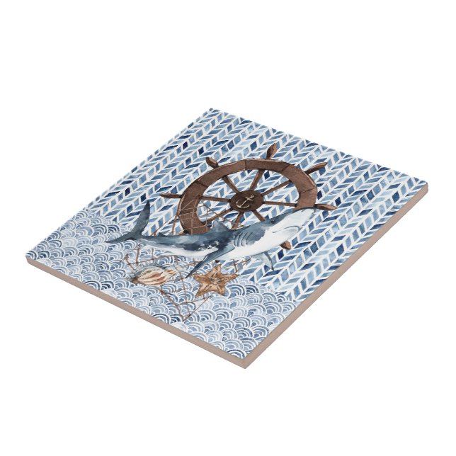 Shark and ship's steering wheel ceramic tile (Side)