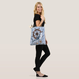 Shark and ship's steering wheel tote bag