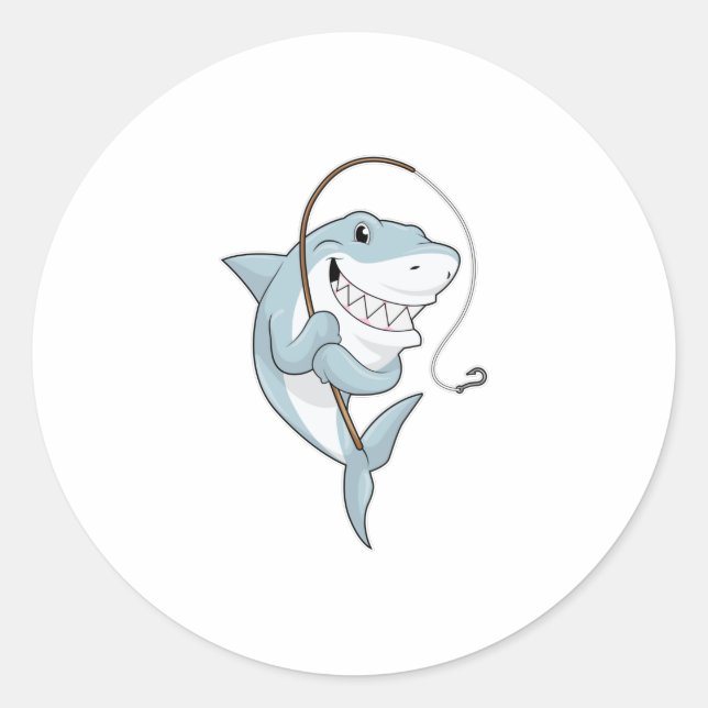 Shark as Fisher with Fishing rod Classic Round Sticker (Front)