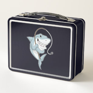 Shark as Fisher with Fishing rod Metal Lunch Box