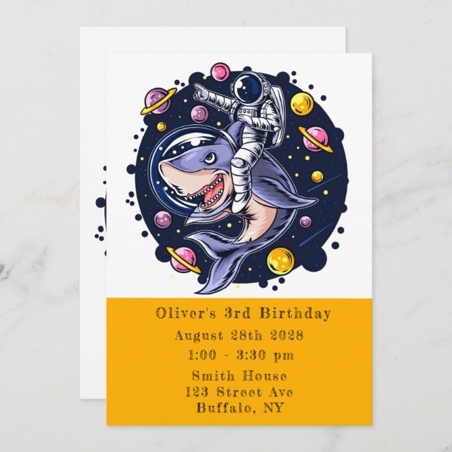 Shark Astronaut Space Boy Birthday Party Invitation (Front/Back)