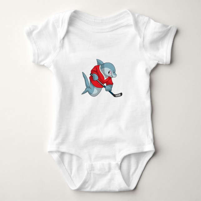 Shark at Ice hockey with Ice hockey stick Baby Bodysuit (Front)