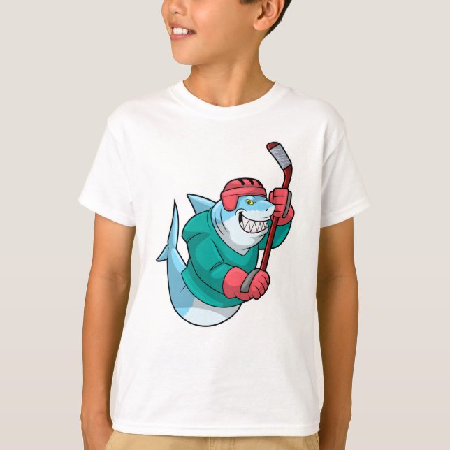 Shark at Ice hockey with Ice hockey stick & Helmet T-Shirt (Front)