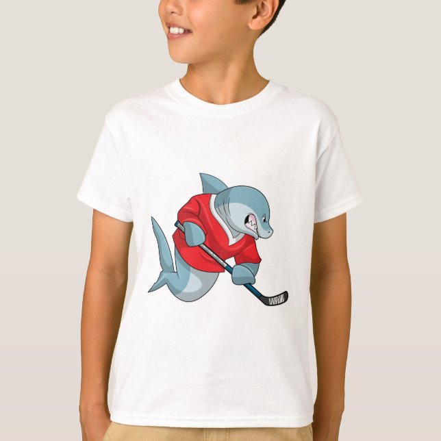 Shark at Ice hockey with Ice hockey stick T-Shirt (Front)