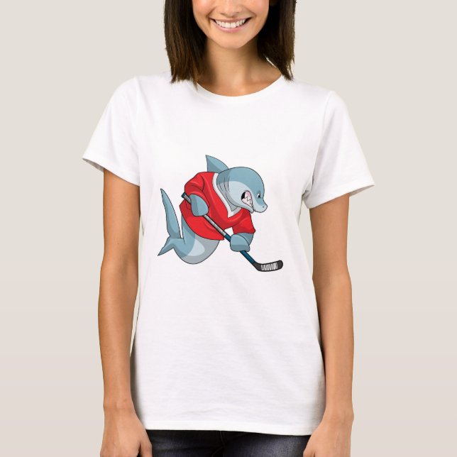 Shark at Ice hockey with Ice hockey stick T-Shirt (Front)