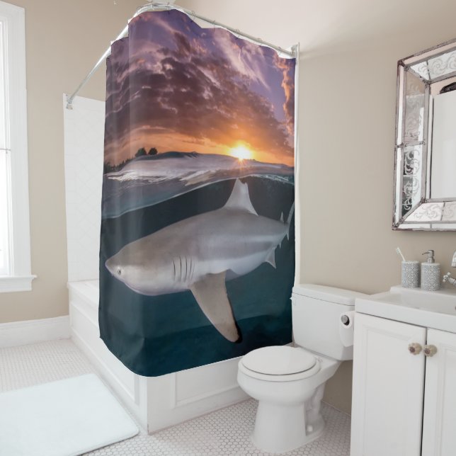 Shark at Sunset Shower Curtain (In Situ)