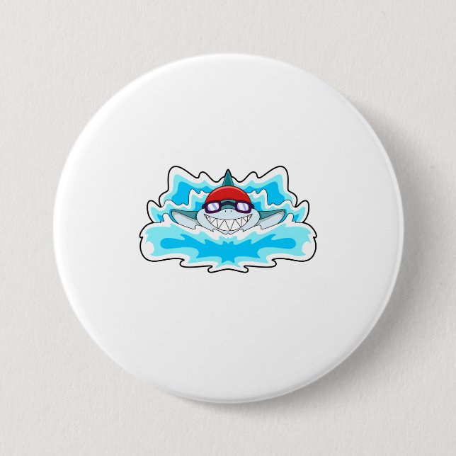 Shark at Swimming with Swimming goggles 7.5 Cm Round Badge (Front)