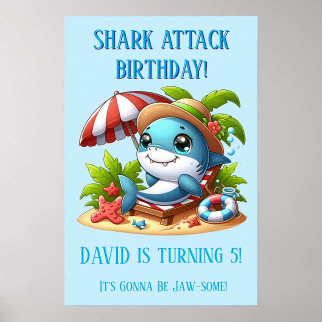 Shark Attack Beach Birthday Poster | Editable Name (Front)