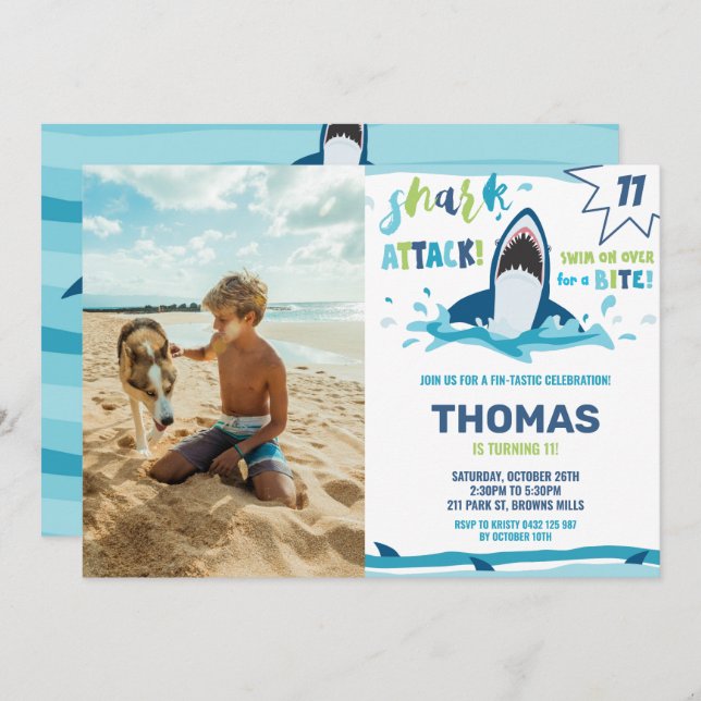 Shark Attack Birthday Party Shark Boys Pool Photo Invitation (Front/Back)