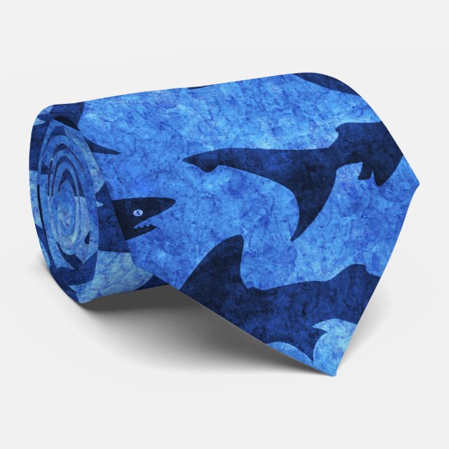 Shark Attack Deep Ocean Blue Big Sharks Tie (Rolled)