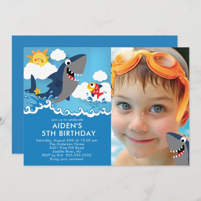 Shark Attack Pool Birthday Invitation (Front/Back)