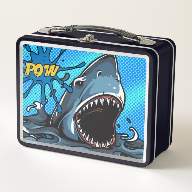 Shark Attack POW Superhero Comic Water Splat Metal Lunch Box (Front)