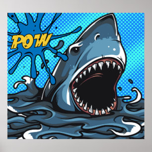 Shark Attack POW Superhero Comic Water Splat Poster