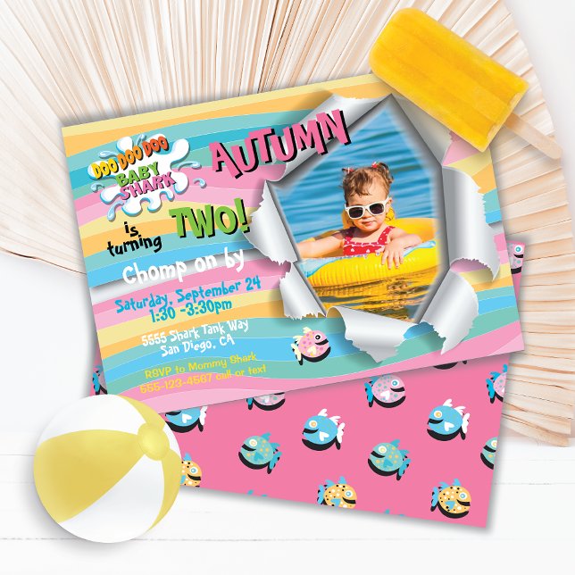 Shark Baby Girl Rainbow Photo Birthday Party Invitation (Creator Uploaded)