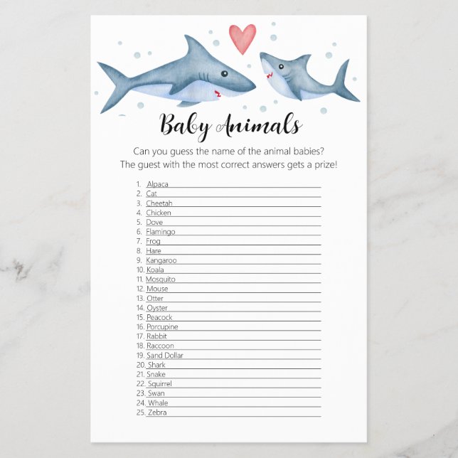 Shark Baby Shower "Baby Animals" Game Flyer (Front)
