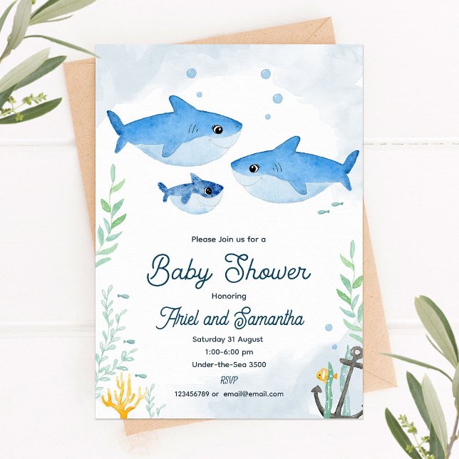 Shark baby shower invitation with two moms (Creator Uploaded)