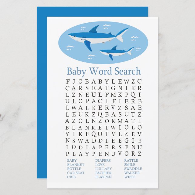 Shark Baby Shower Word Search Game (Front/Back)