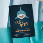 Shark Bait Birthday Party Invitation<br><div class="desc">Cool shark themed birthday party invitations feature a smiling shark swimming in a dark blue sea,  with "join us for a bite" beneath. Personalise with your fin-tastic birthday party details beneath. Invitations reverse to a matching shark pattern.</div>