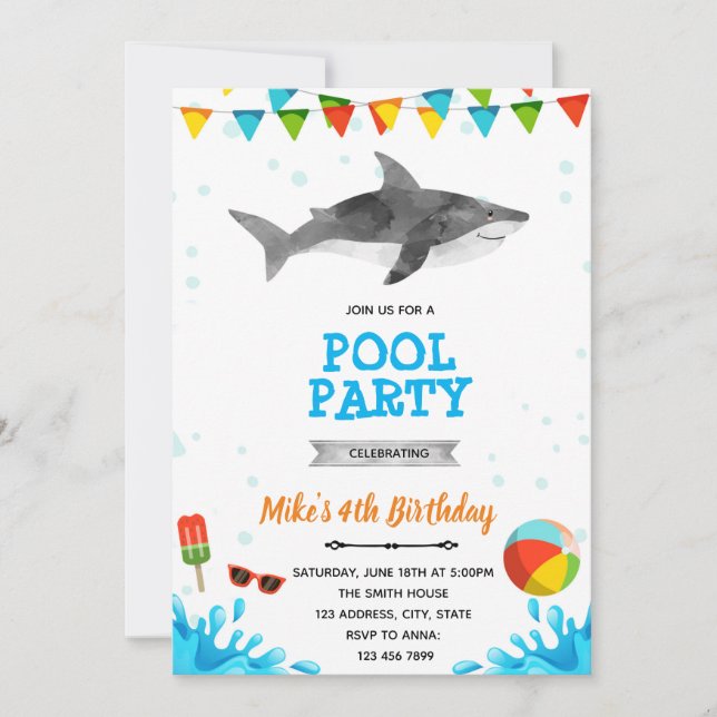 Shark beach pool party invitation (Front)