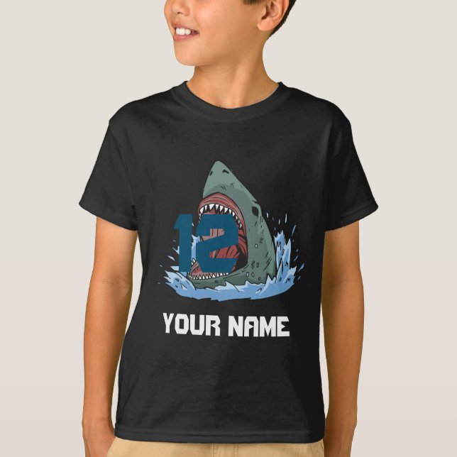 Shark birthday boy name and age T-Shirt (Front)