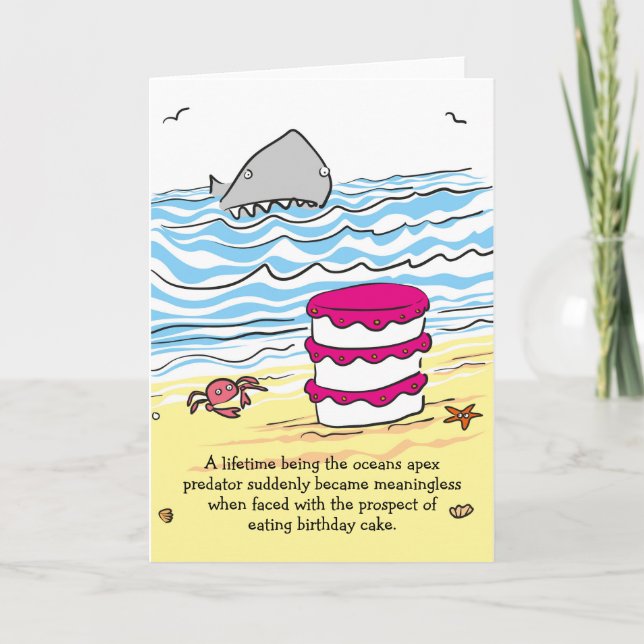 Shark birthday cake on beach card (Front)