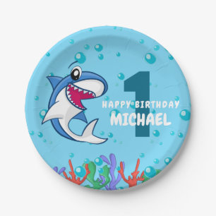 Shark Birthday First Bday Ocean Kids Paper Plate