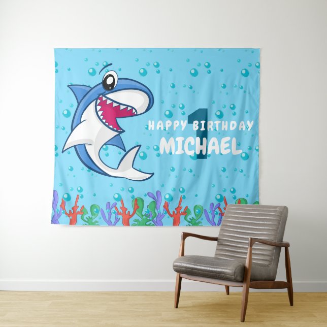 Shark Birthday First Bday Ocean Kids Tapestry (In Situ (Horizontal))