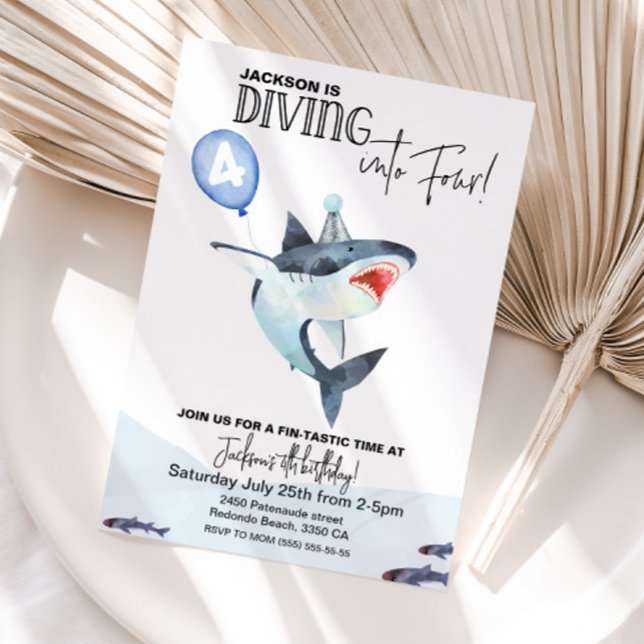 Shark Birthday invitation - Dive into FOUR (shark birthday invitation)