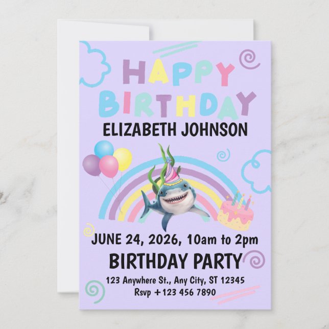Shark Birthday Invitation in Purple (Front)
