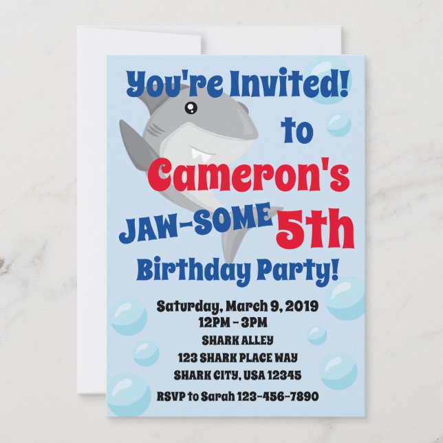Shark Birthday Party Invitation for Boys Jaw-Some (Front)