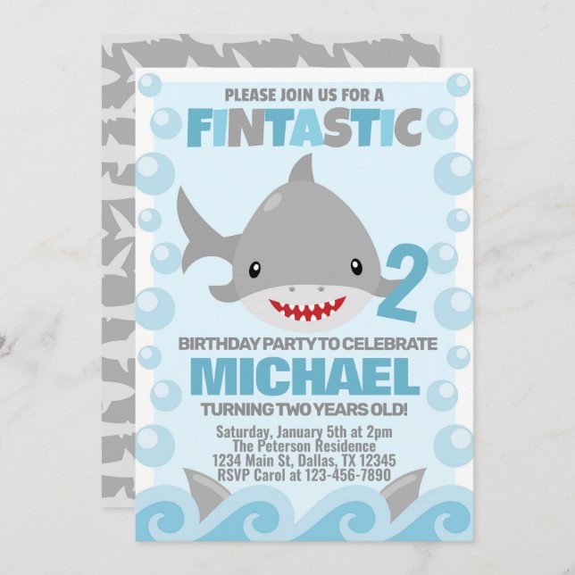 Shark Birthday Party Invitation Invite (Front/Back)