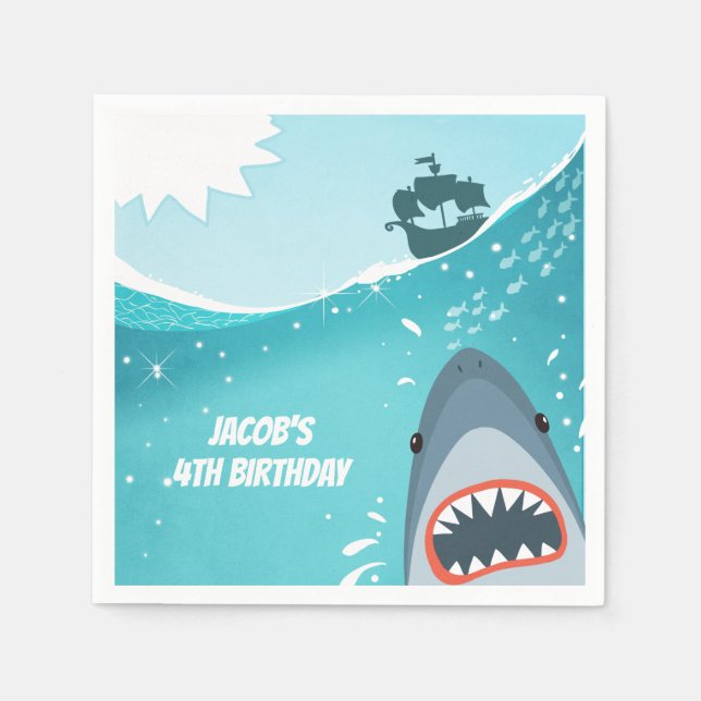 Shark Birthday Pool party boy Ocean Under the Sea Napkin (Front)