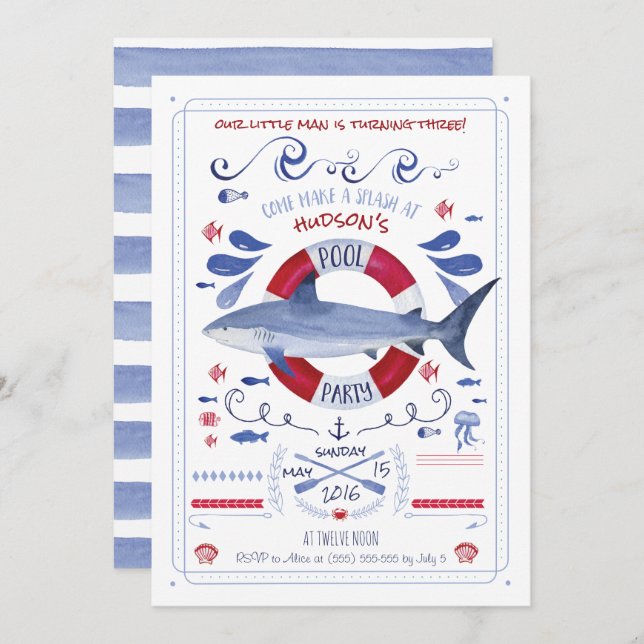 Shark Birthday Pool Party Invitation (Front/Back)