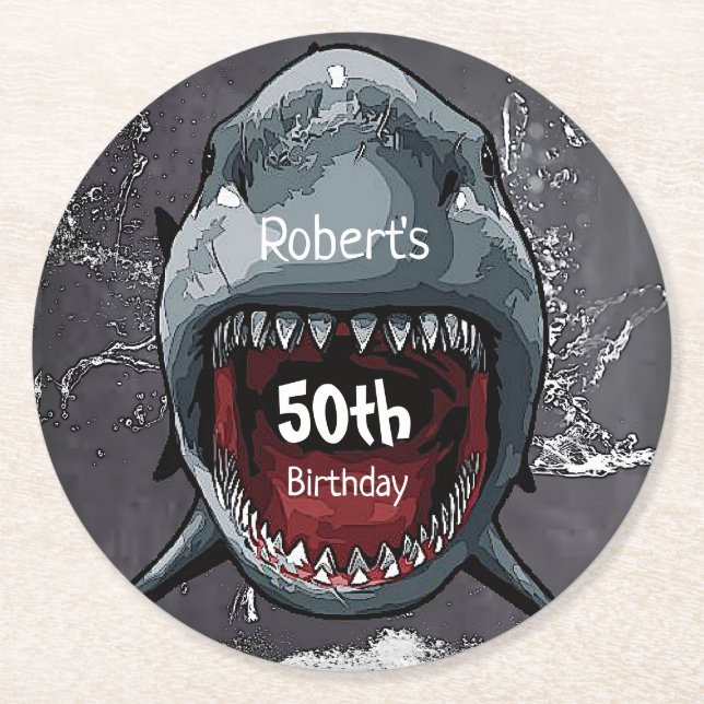 Shark Birthday, Shark Attack, Round Paper Coaster (Front)