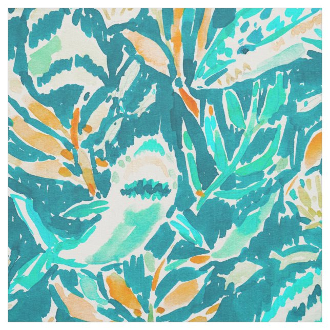 Shark Bite Aquamarine Ocean Life Watercolor Fabric (Swatch)
