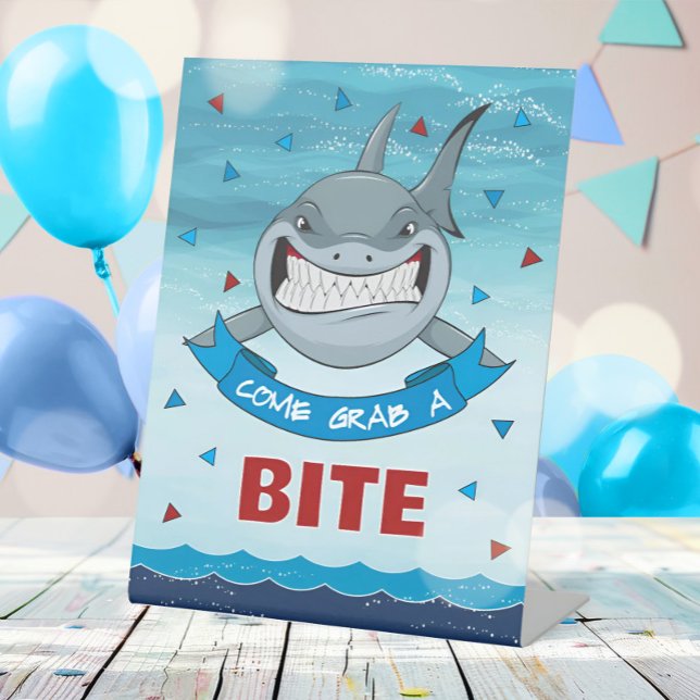 Shark Bites Birthday Modern Party Food  Pedestal Sign (Creator Uploaded)