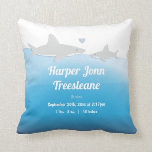 Shark Blue White Name Baby Birth Stats Cushion
