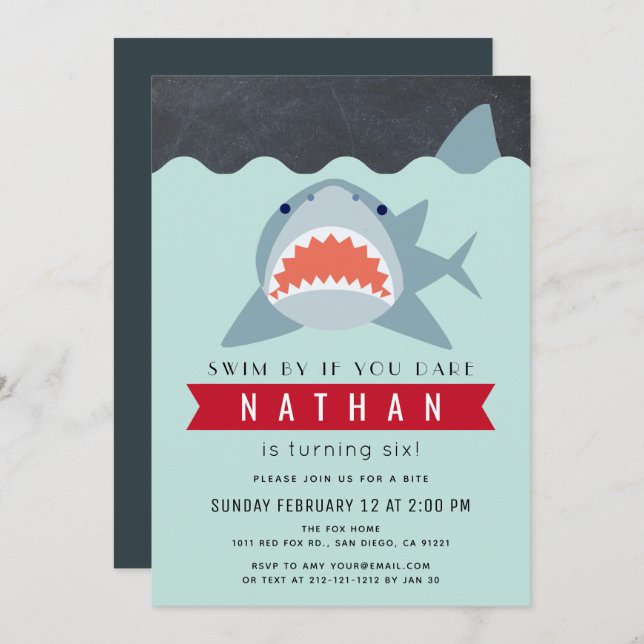 Shark Boy Navy Blue Pool Birthday Invitation (Front/Back)