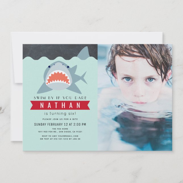 Shark Boy Navy Blue Pool Photo Birthday Invitation (Front)