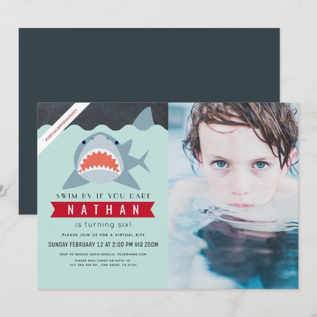 Shark Boy Navy Blue Virtual Pool Photo Birthday Invitation (Front/Back)