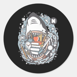 Shark Cartoon Outfit School Premium  Classic Round Sticker