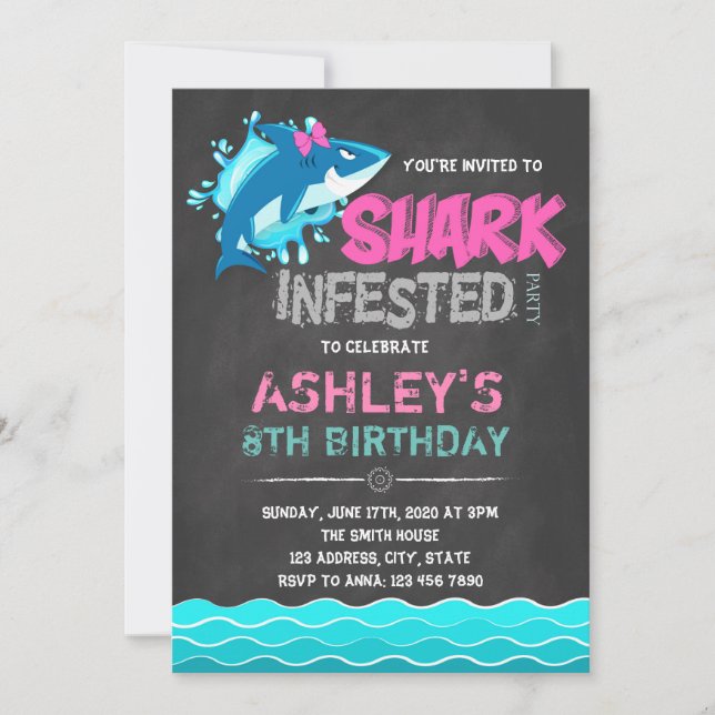 Shark chalkboard card word invitation (Front)