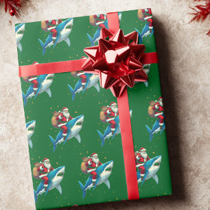 Shark Christmas Gift Wrap Santa Claus Riding Shark