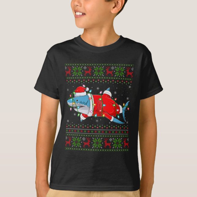 Shark Christmas Lights Santa Costume Ugly Xmas Swe T-Shirt (Front)