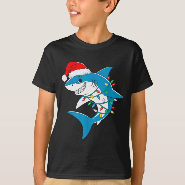 Shark Christmas Lights Santa Hat Xmas Pajama Boys  T-Shirt (Front)