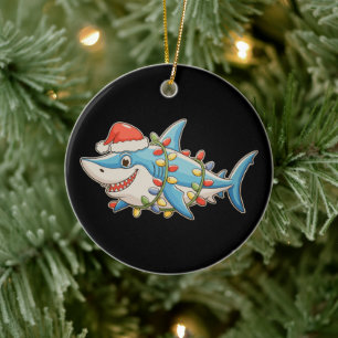 Shark Christmas Santa Hat Xmas Lights Sharkmas Ceramic Ornament